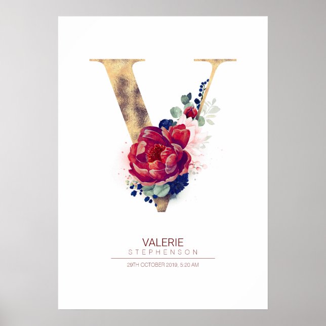 Poster Lettre V Monogramme Floral Marine Bleu et Bourgogn (Devant)