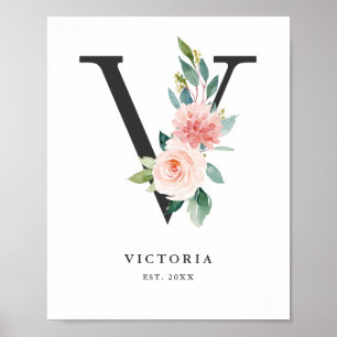 Poster Lettre V Monogramme Peach Florals Nursery
