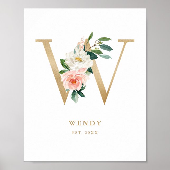 Poster Lettre W Blush Floral Monogram Gold Foil Nursery (Devant)