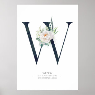 Poster Lettre W Monogramme Fleurs blanches et verdure