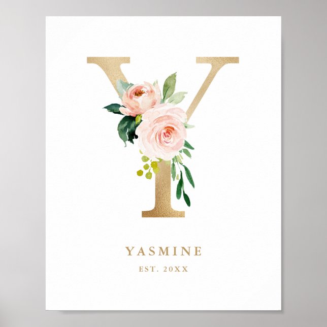Poster Lettre Y Blush Floral Monogram Gold Foil Nursery (Devant)