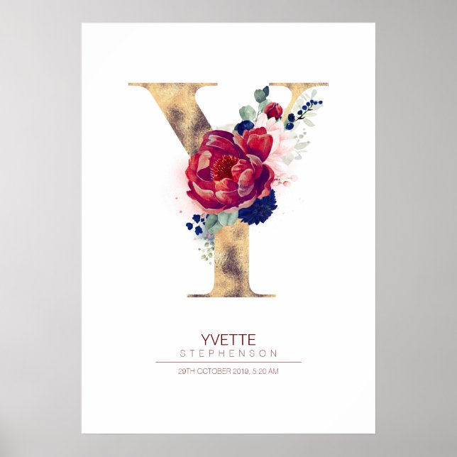 Poster Lettre Y Monogramme Floral Marine Bleu et Bourgogn (Devant)