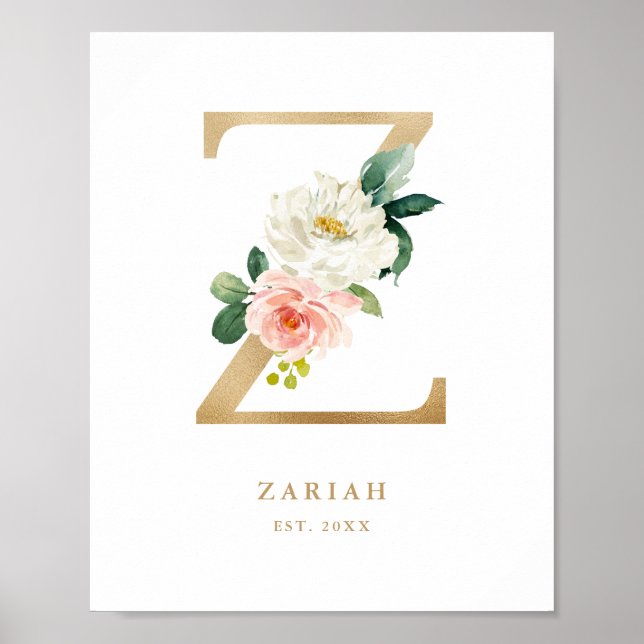 Poster Lettre Z Blush Floral Monogram Gold Foil Nursery (Devant)