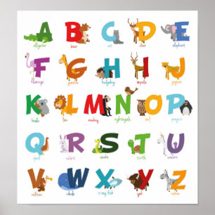 Poster Lettres d'alphabet animal illustrées colorées
