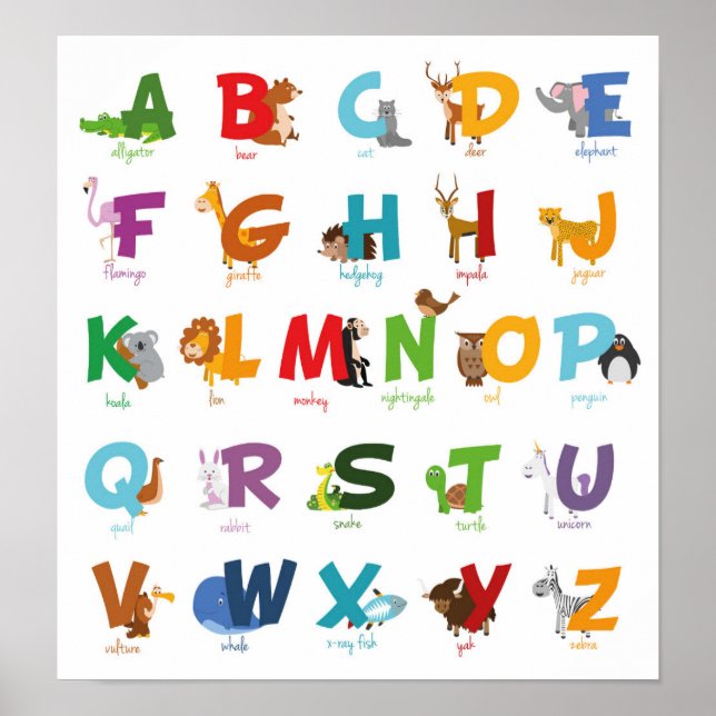 Poster Lettres d'alphabet animal illustrées colorées (Devant)