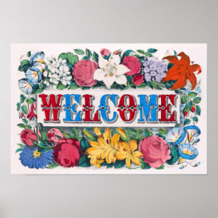Poster Lettres de bienvenue Roses Lys Fleurs Jardin