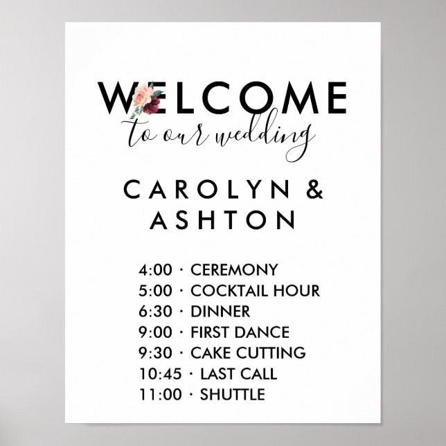 Poster Lettres de fleurs | Maroon Mariage Ordre des événe (Devant)