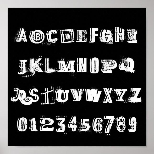 Poster Lettres et numéros alphabétiques ABC | Noir et bla (Devant)