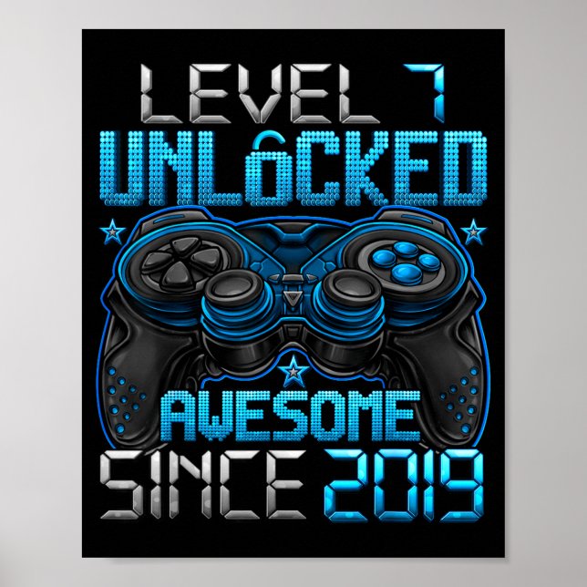 Poster Level 7 Unlocked 7 Year Old For Boys 7th Birthday  (Devant)