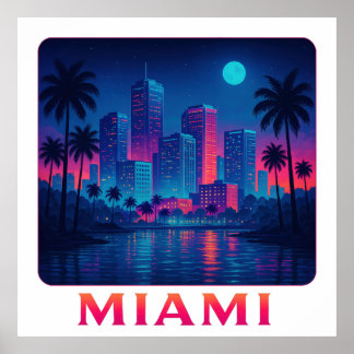 Poster Lever de lune à Miami - Skyline néon