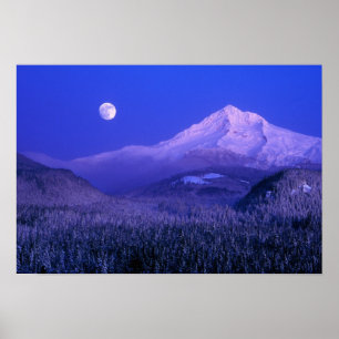 Poster Lever de lune au-dessus du mont Hood hiver, Oregon