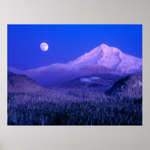Poster Lever de lune au-dessus du mont Hood Oregon en hiv