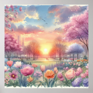 Poster Lever de soleil dans un parc avec des fleurs aquar
