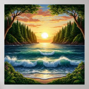 Poster Lever de soleil époustouflant sur les vagues de l'
