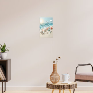 Poster Lever de soleil sur la plage et coquillages