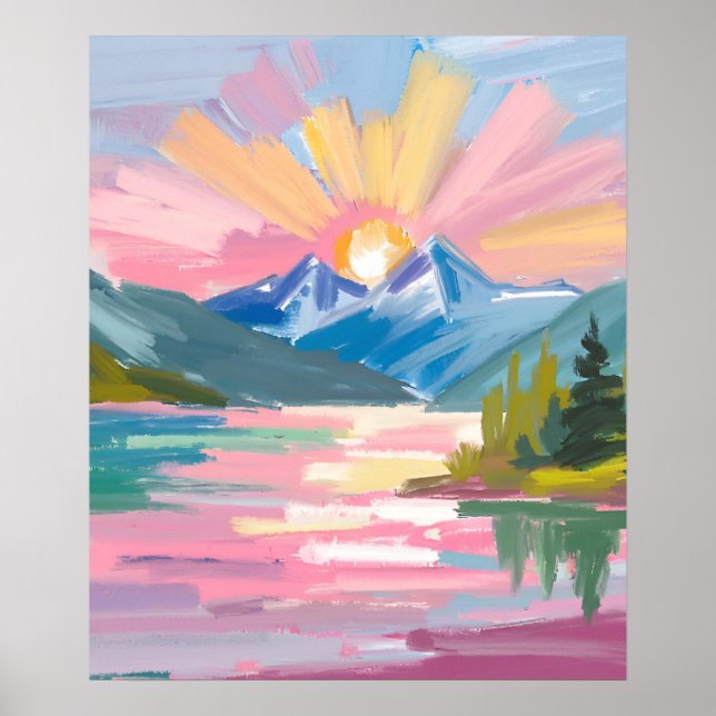 Poster lever de soleil sur les montagnes aquarelle (Devant)
