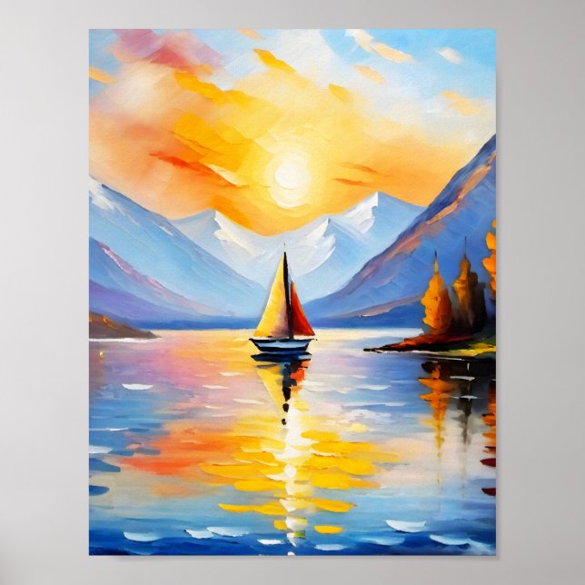 Poster Lever de soleil sur un lac et des montagnes enneig (Devant)