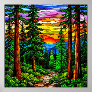 Poster Lever de soleil sur un paysage forestier tranquill