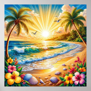 Poster Lever de soleil sur une plage tropicale avec des p