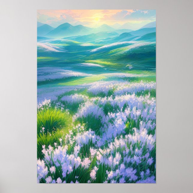 Poster Lever de soleil sur une vallée de fleurs blanches (Devant)