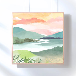 Poster Lever du soleil matinal sur le lac   Aquarelle Nat