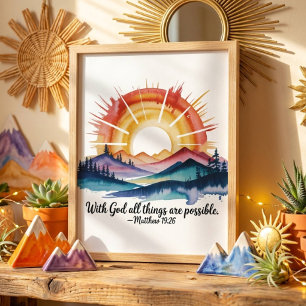 Poster Lever du soleil montagne aquarelle verset biblique