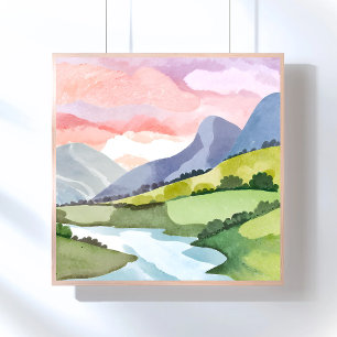 Poster Levers de soleil sur le versant vert de la montagn