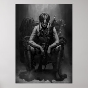 Poster Levi Capten Noir Et Blanc Avec Arme À Feu