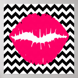 Poster Lèvres rose vif sur Zigzag noir et blanc