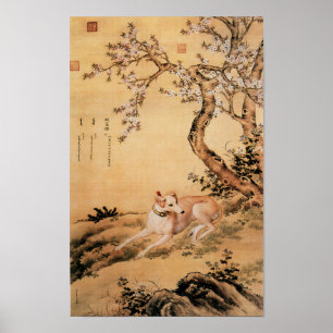 Poster Lévrier Chinois Vintage Sous Les Fleurs De Pêcher