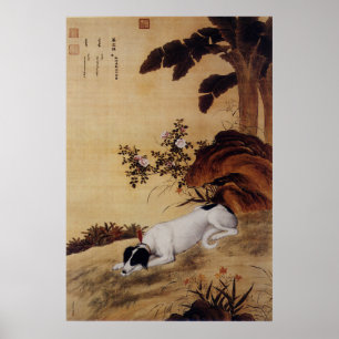 Poster Lévrier Chinois Vintage Sous un Arbre à Bananes