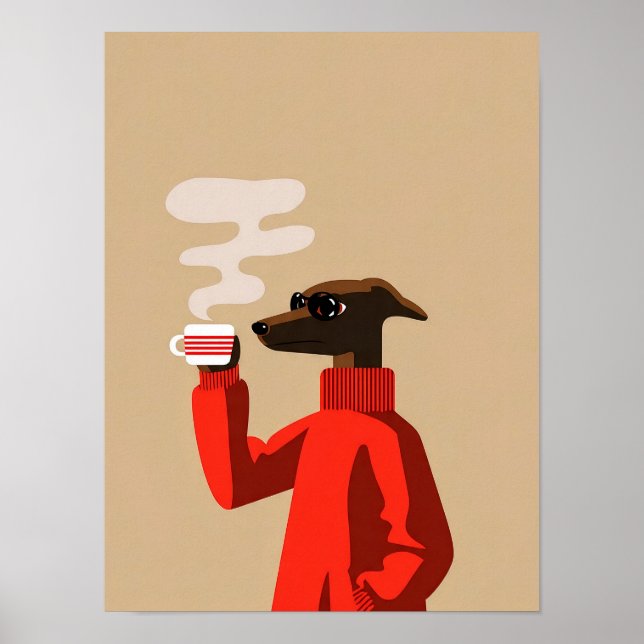 Poster Lévrier Whippet Cozy buvant du café - Illustration (Devant)