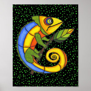 Poster Lézard coloré sur une branche Peinture originale