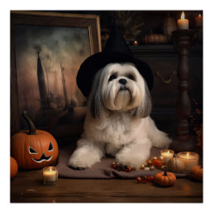 Poster Lhasa Apso Citrouilles Halloween Épouvantable