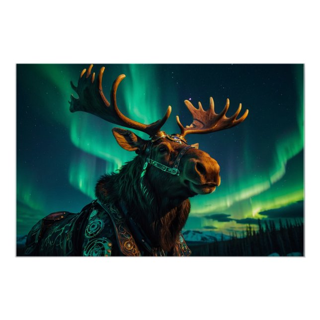 Poster L'hiver Aurora et Steampunk Moose Wildlife Art (Devant)