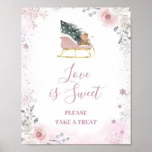 Poster L'hiver Pastel Rose Flocon de Neige Traîneau L'amo