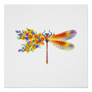 Poster libellule de fleurs jaunes