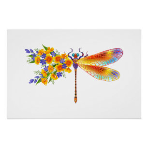 Poster libellule de fleurs jaunes