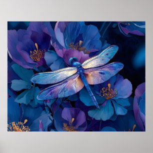 Poster Libellule iridescente Fleurs colorées