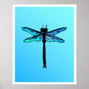 Poster Libellule japonaise vintage, bleu turquoise