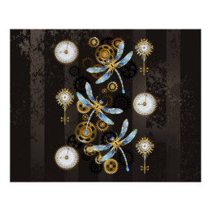 Poster Libellules Steampunk sur fond brun rayé