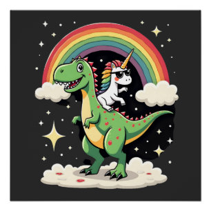 Poster Licorne Arc-en-Ciel Chevauchant T rex - Garçons Fi