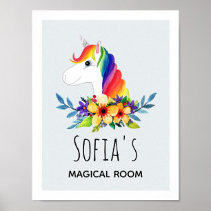Poster Licorne Arc-en-Ciel Magique Filles & Nom Chambre E