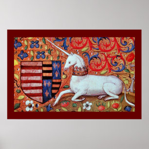 POSTER LICORNE AVEC MOTIFS FLORAUX ROUGES BLEUS