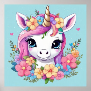 Poster Licorne Bébé Magique avec des Fleurs