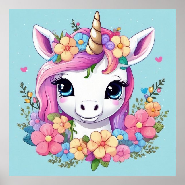 Poster Licorne Bébé Magique avec des Fleurs (Devant)