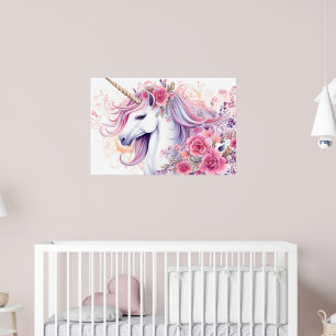 Poster Licorne Florale Aquarelle Rose Clair