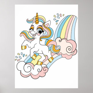 Poster Licorne mignonne sur un arc-en-ciel