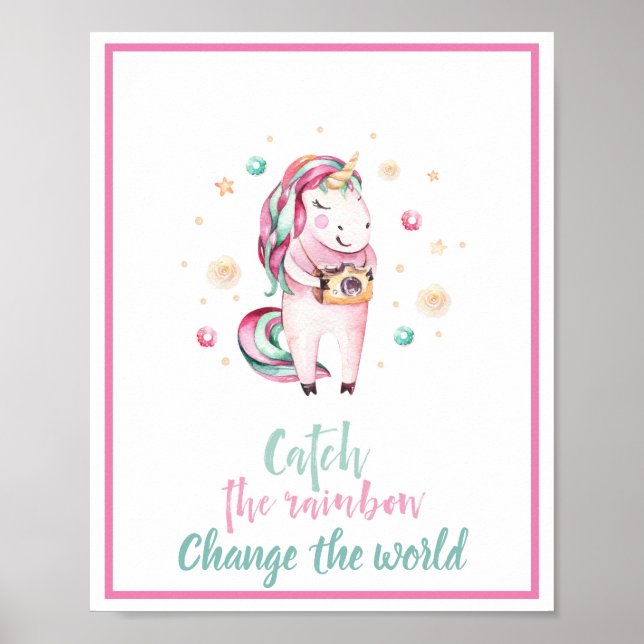 Poster Licorne Rose Inspirante Attrape l'Arc-en-Ciel (Devant)