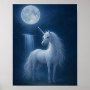 Poster Licorne sous la lumière lunaire mystique & Cascade